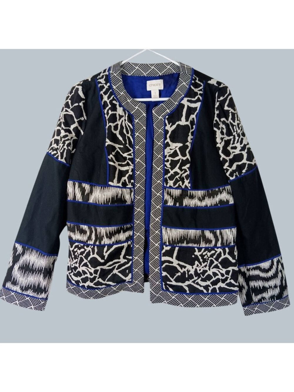 Chicos Patchwork Ikat Pattern Jacket Womens Medium Travel Layer Work Artsy Boho